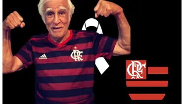 Ziraldo com a camisa do Flamengo e o escudo do Flamengo