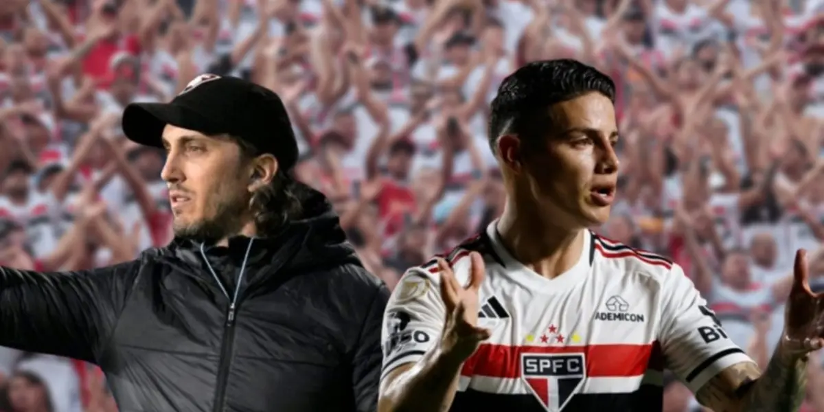 Zubeldia sério e James Rodríguez com a camisa do São Paulo
